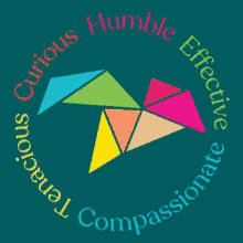 a colorful logo that says curious humble effective compassionate