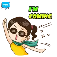 a cartoon of a girl wearing sunglasses and a scarf with the words i 'm coming above her