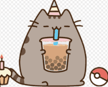 a cat wearing a party hat is drinking from a cup with bubbles