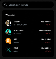 a screen shows a watchlist of coins including trump