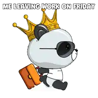 a panda bear wearing a crown and sunglasses is carrying a briefcase