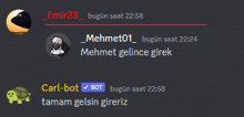 a screenshot of a conversation between emir23 and mehmet01