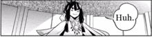 a black and white image of a girl with a speech bubble saying huh .