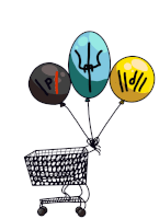 a shopping cart with three balloons hanging from it including one that says lp on it