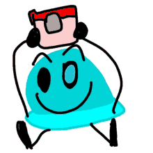 a cartoon drawing of a blue smiley face with a red hat on its head .