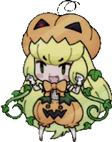 a cartoon girl is dressed as a pumpkin and has a pumpkin head on her head .