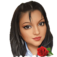 a drawing of a woman with a red rose in the background