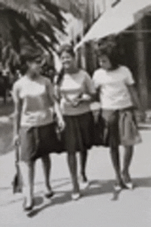 a group of three women are walking down a sidewalk .