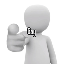 a 3d man pointing at the camera with the word gay written on his chest