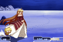 a screenshot of a video game shows a woman in a red dress