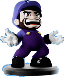 a cartoon character in purple overalls and a purple hat