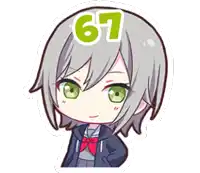 a cartoon girl with gray hair and green eyes is wearing a school uniform and has the number 61 on her head .