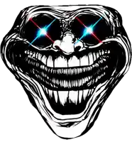 a black and white drawing of a troll face with bright eyes