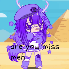 a cartoon of a girl with purple hair and antlers says " are you miss meh "