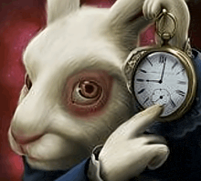 a white rabbit is holding a pocket watch with roman numerals on the face