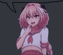 a pink haired anime girl with a speech bubble in the background