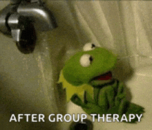 kermit the frog is sitting in a bathtub with the words after group therapy written below him