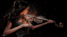 a painting of a woman playing a violin with wlop on the bottom right