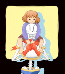 a girl is sitting on a skeleton 's back