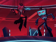 two cartoon characters are standing next to each other and one has a tv on his head