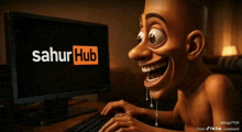 a cartoon character is typing on a computer with the sahur hub logo on the screen