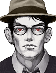 a drawing of a man wearing glasses and a hat with red eyes