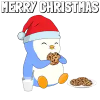 a penguin wearing a santa hat eats a cookie next to a glass of milk
