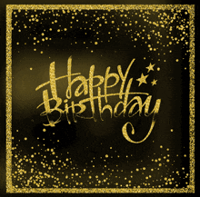 a black background with gold confetti and the words happy birthday written in gold