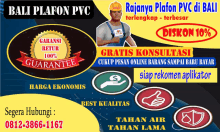 an advertisement for bali plafon pvc shows a man holding a hammer