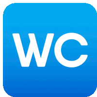 a blue square with the word wc in white letters