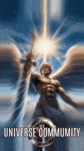 a poster for the universe community shows a man with wings holding a light