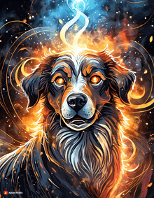 a colorful drawing of a dog with adobe firefly written on the bottom