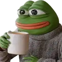 a green frog wearing a grey sweater is holding a white cup of coffee .