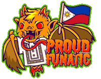 a sticker that says proud funatic with a bat and a flag