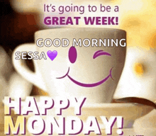 a cup of coffee with a smiley face on it and the words happy monday