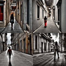 a collage of four pictures of people walking down a street