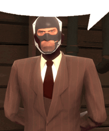 a man in a suit and tie with a mask on his face