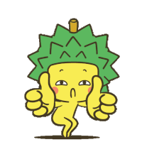 a cartoon character wearing a durian hat gives two thumbs up