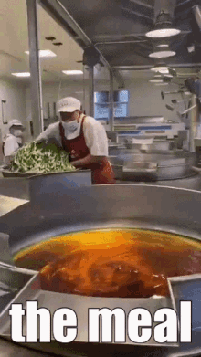 a man in a mask is preparing food in a kitchen with the words " the meal " on the bottom