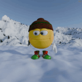 a cartoon character wearing a brown and green hat and green boots is walking through the snow