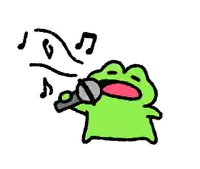 a green frog is singing into a microphone with music notes coming out of it 's mouth .