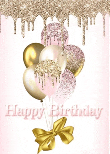 a pink and gold birthday card with balloons and a gold bow