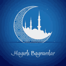 a blue background with a crescent moon and a mosque silhouette