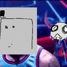 a drawing of a basketball player with a smiley face on his face