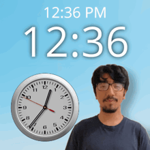 a man with glasses stands in front of a wall clock that says 12:36 pm