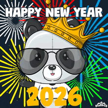 a panda bear wearing sunglasses and a crown with the year 2026