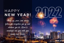 a happy new year greeting card with a city skyline in the background