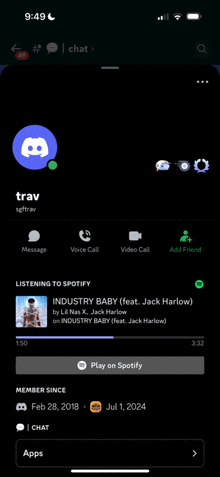 a screenshot of trav 's spotify app showing the song industry baby by jack harlow