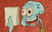 squidward from spongebob squarepants is holding a piece of paper with his eyes closed .