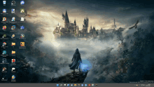 a computer screen shows a wizard standing on top of a rock with a castle in the background